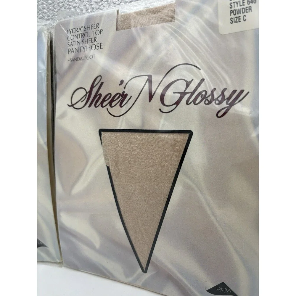 Vintage Sheer N Glossy Pantyhose Lot 2 Size C Control Top Lace Powder NOS USA